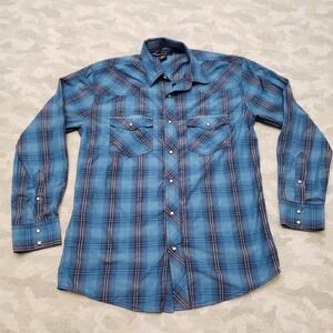 Pelham Shirt Mens Large Blue Plaid Western Pockets Pearl Snap Long Sleeve Rodeo